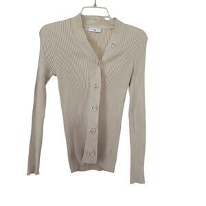 Sandro Cream Wool Blend Ribbed Knit Logo Button Front Cardigan Sweater Size 2